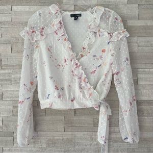 Aqua Swiss Dot Floral Wrap Sheer Sleeve Top